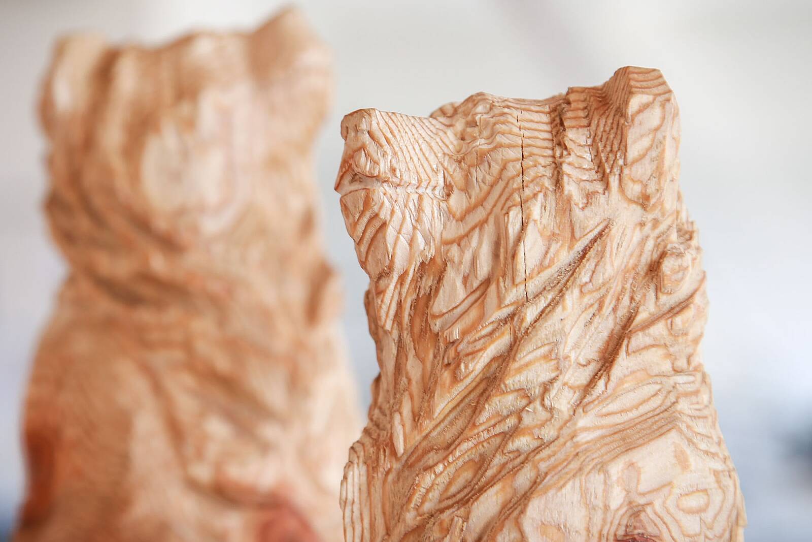 Bären in Lärchenholz mit Kettensäge geschaffen und Details geschnitzt